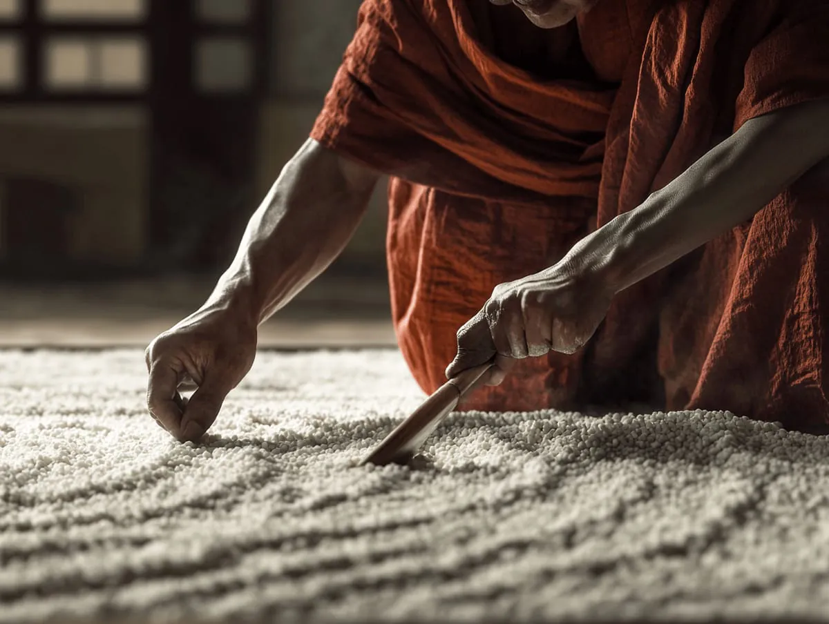 Mnich grabiący ogród zen