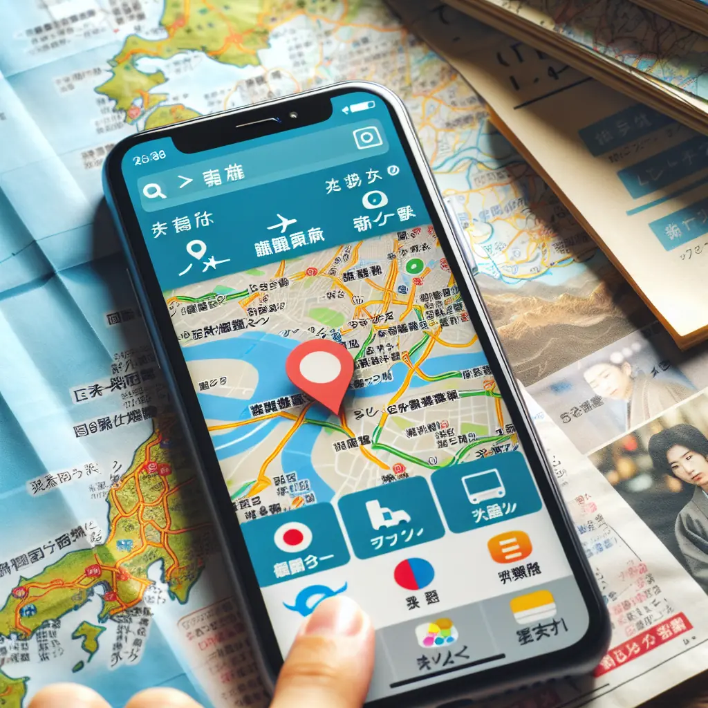 Smartfon z wyświetlonymi japońskimi aplikacjami do nawigacji i tłumaczenia
