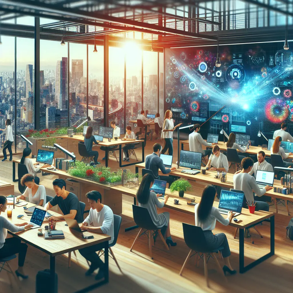 Przestrzeń coworkingowa w Tokio z pracującymi digital nomadami