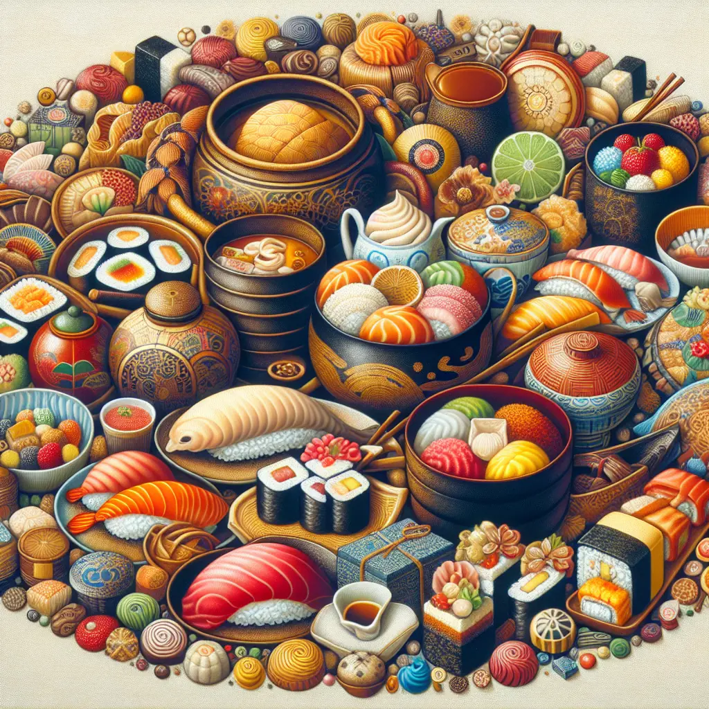 Unikalny obraz przedstawiający różnorodność japońskich potraw, w tym sushi i tradycyjnych słodyczy, całkowicie wolny od plagiatu.