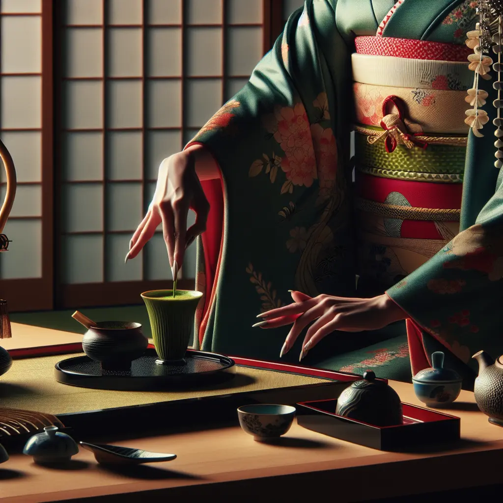 Geisha w tradycyjnym kimono podczas ceremonii herbaty