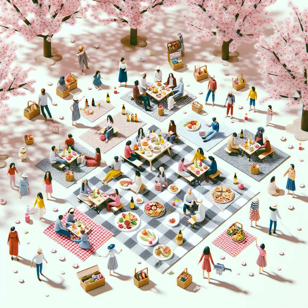 Ludzie świętujący hanami pod kwitnącymi drzewami wiśni