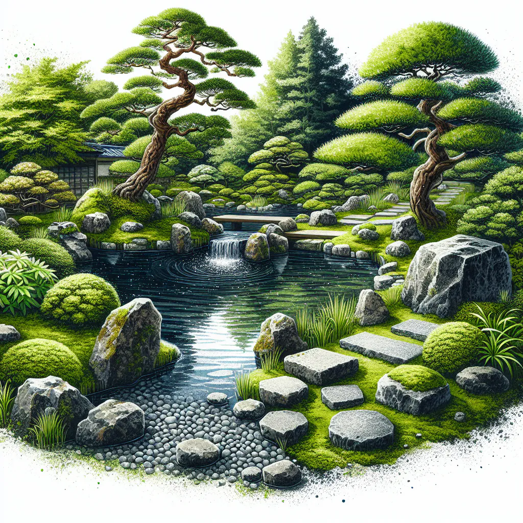 Tradycyjny japoński ogród z mostkiem i stawem