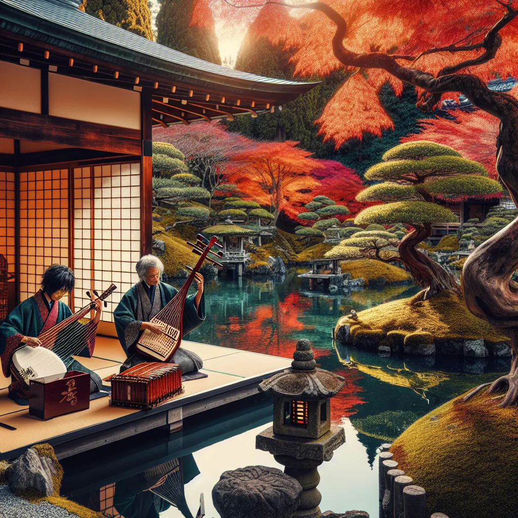 Muzycy grający na tradycyjnych instrumentach japońskich
