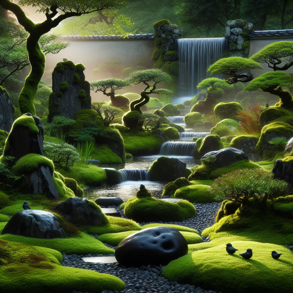 Tradycyjny japoński ogród zen z zagrabionymi wzorami na piasku