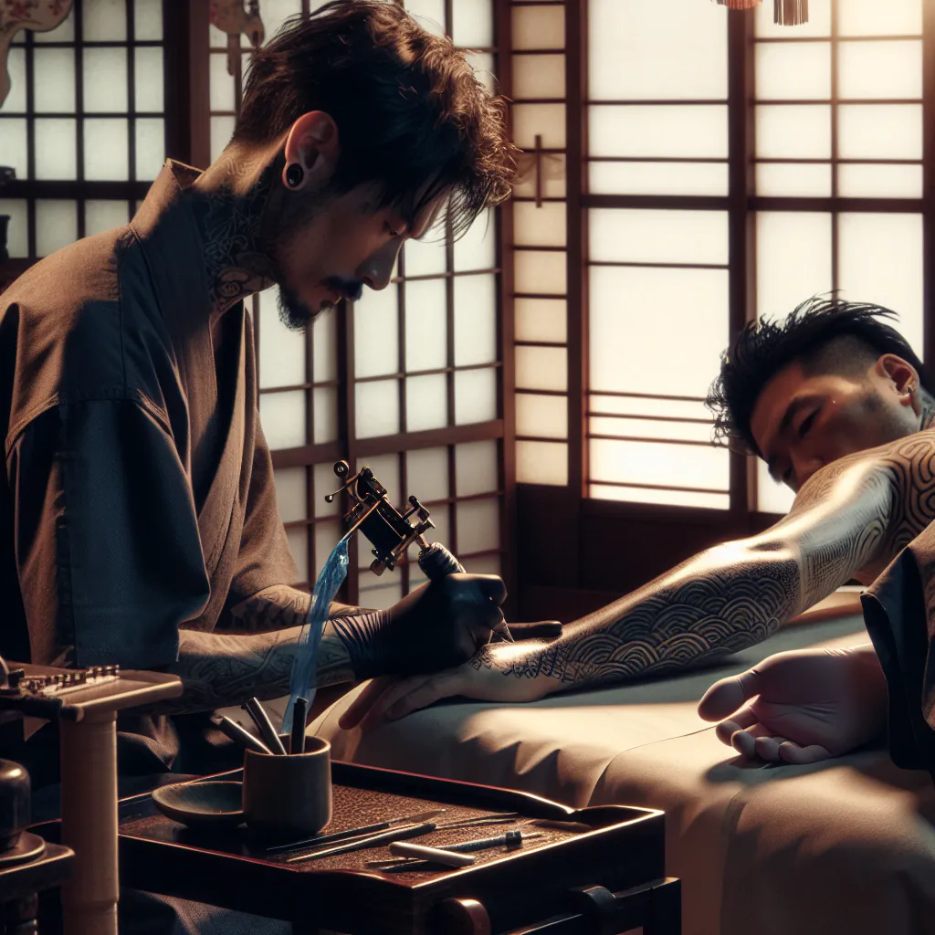 Mistrz tatuażu wykonujący tradycyjny wzór irezumi