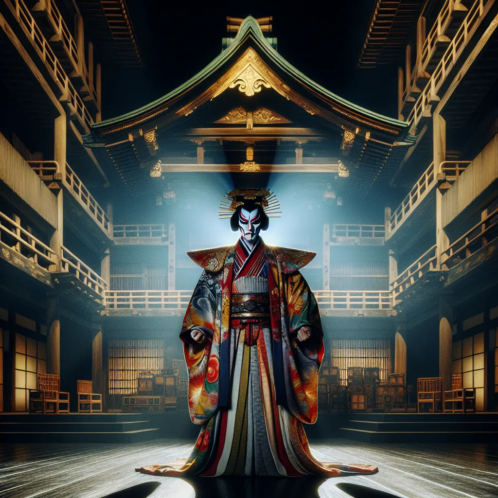 Aktor kabuki w tradycyjnym makijażu i kostiumie