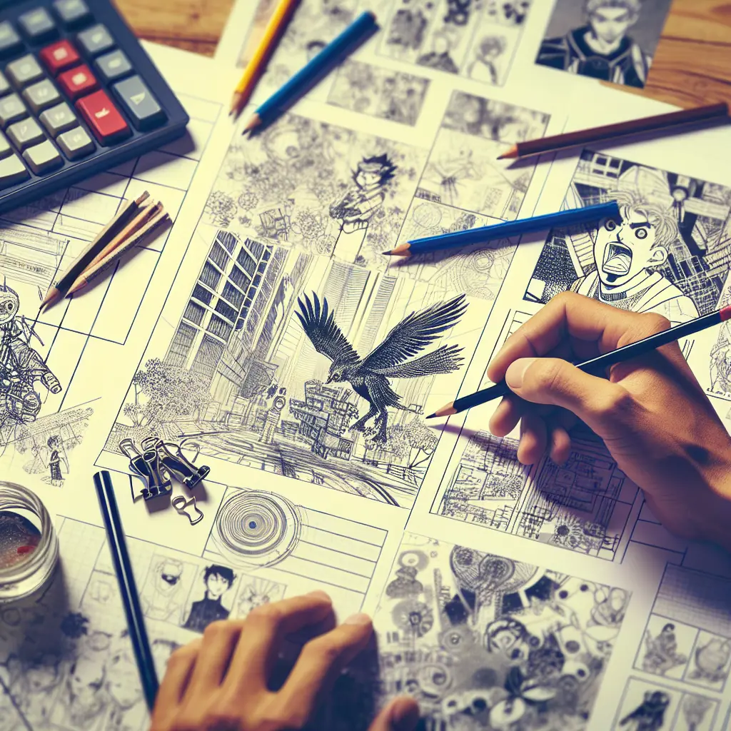 Japoński artysta manga przy pracy w swoim studio