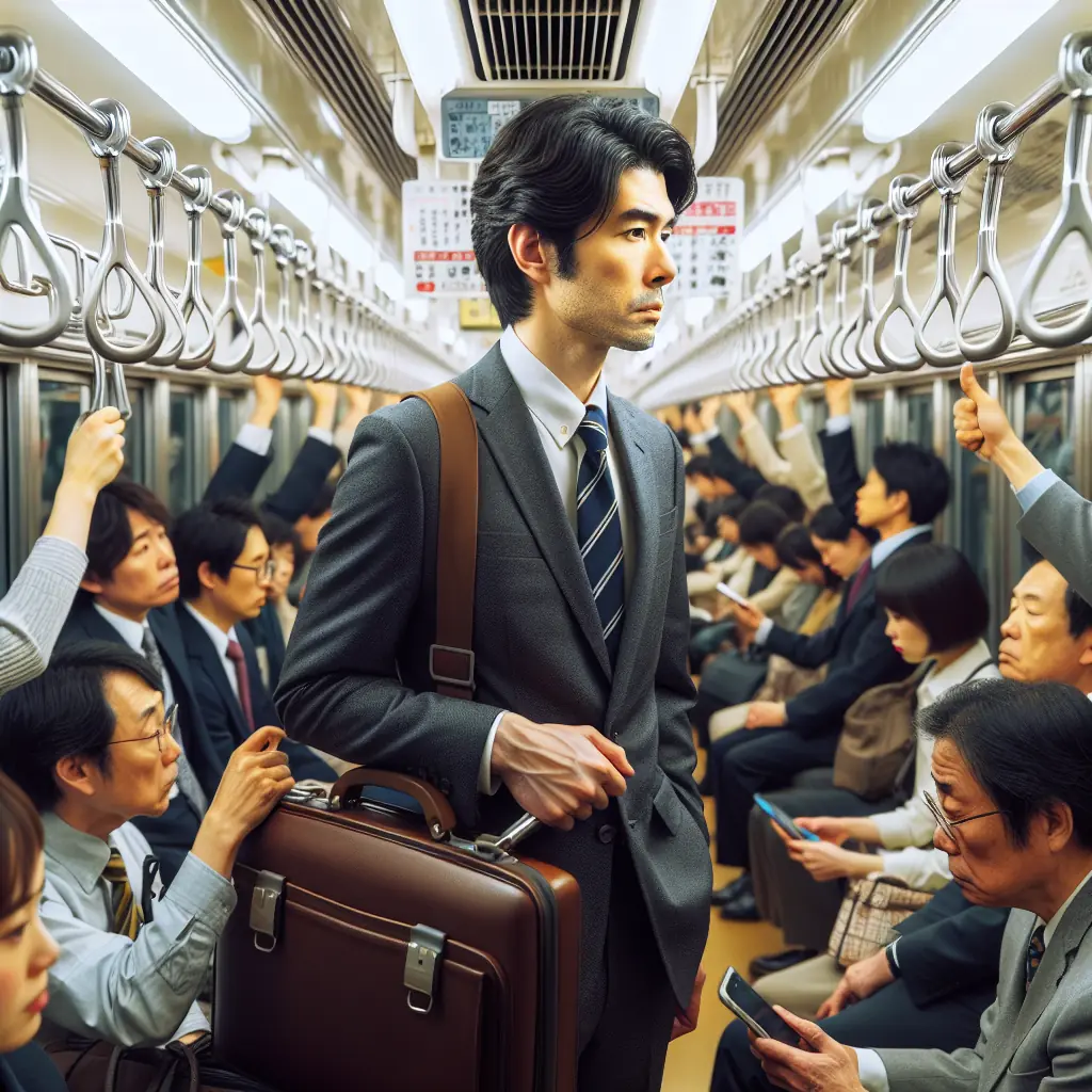 Japoński biznesmen w zatłoczonym tokijskim metrze