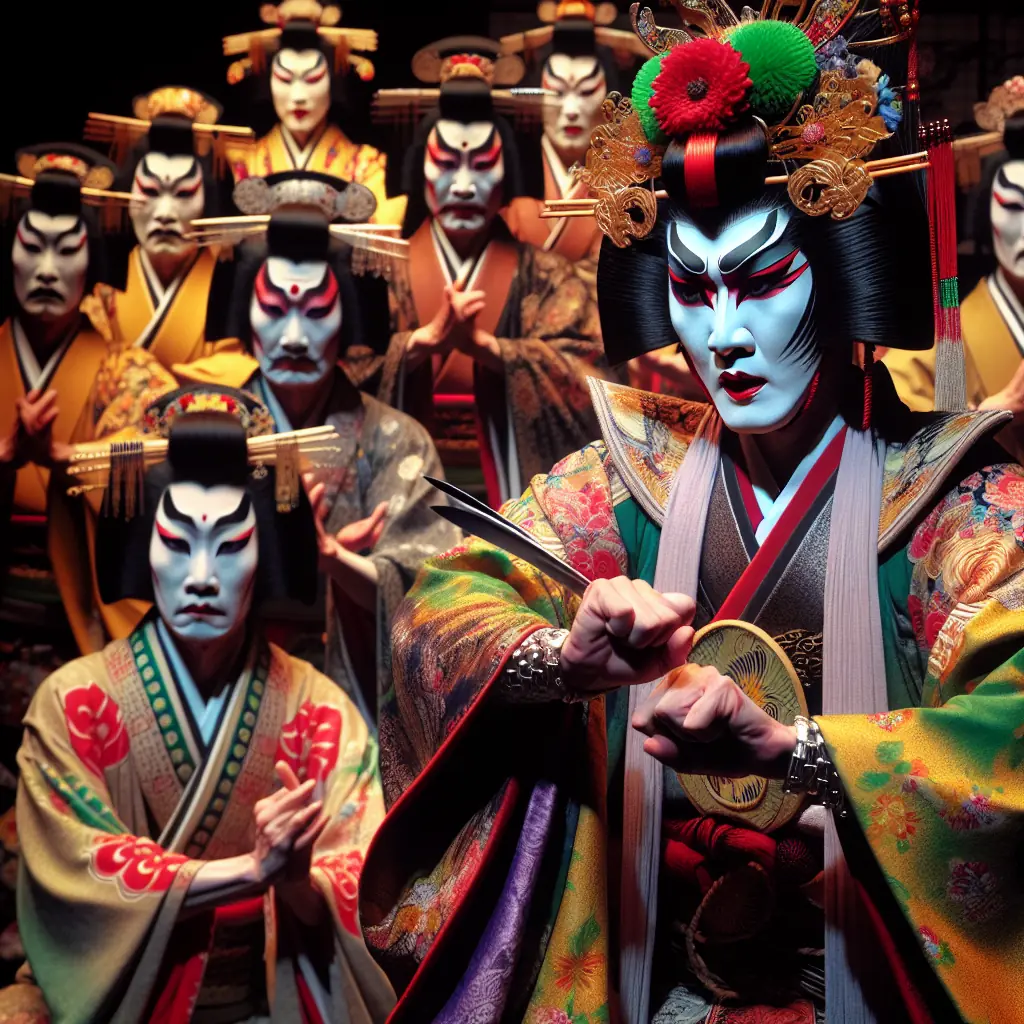 Przedstawienie teatru nō z aktorami w maskach