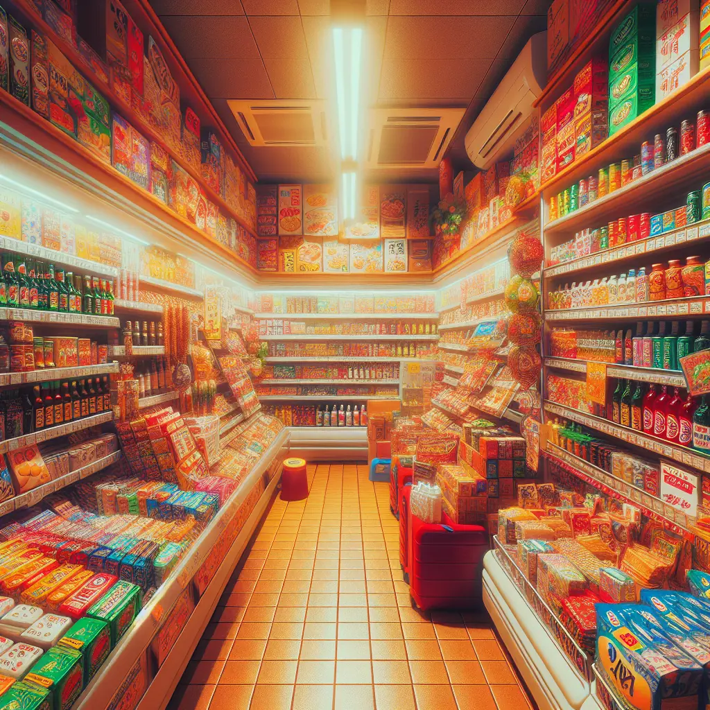 Kolorowe wnętrze japońskiego sklepu convenience store
