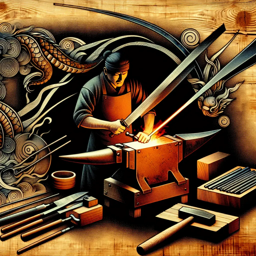 Tradycyjnie wykonana katana z widocznym wzorem stali damasceńskiej