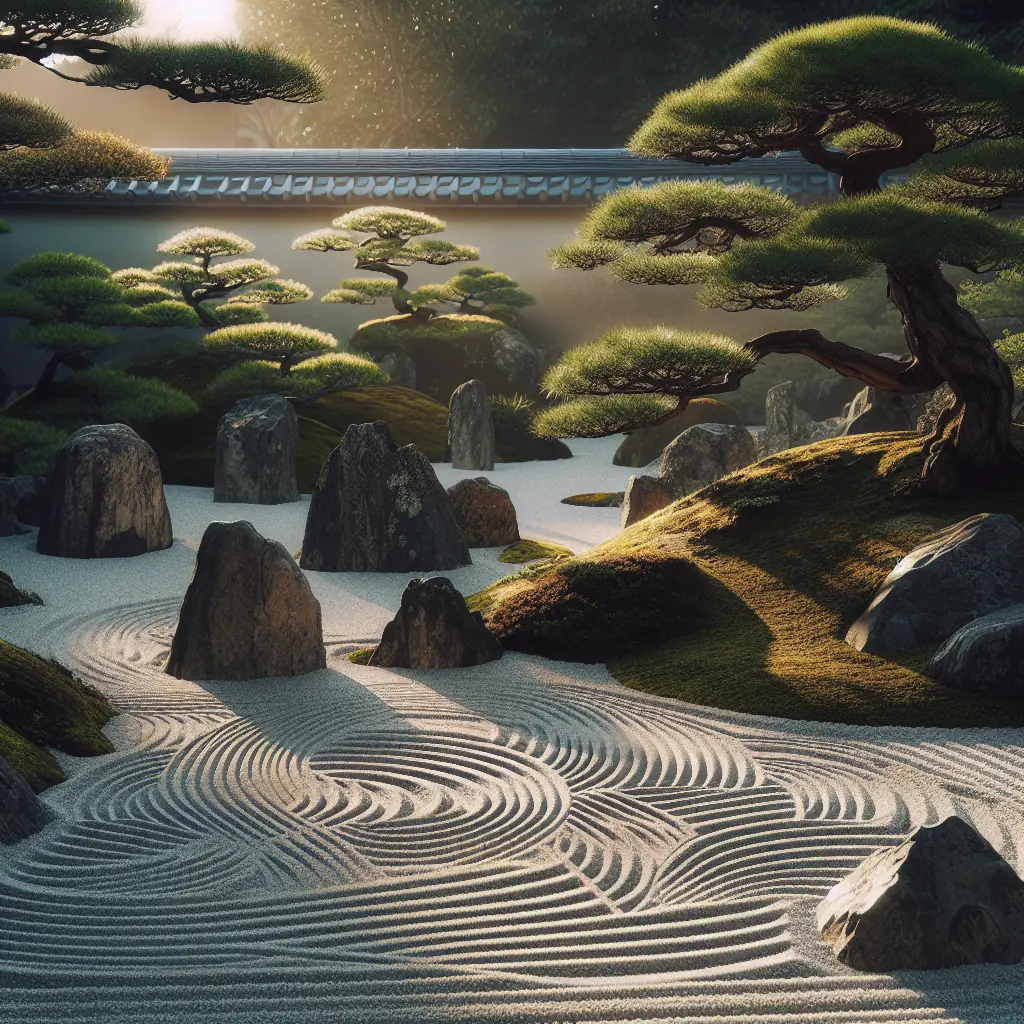 Minimalistyczny ogród kamienny przy świątyni zen