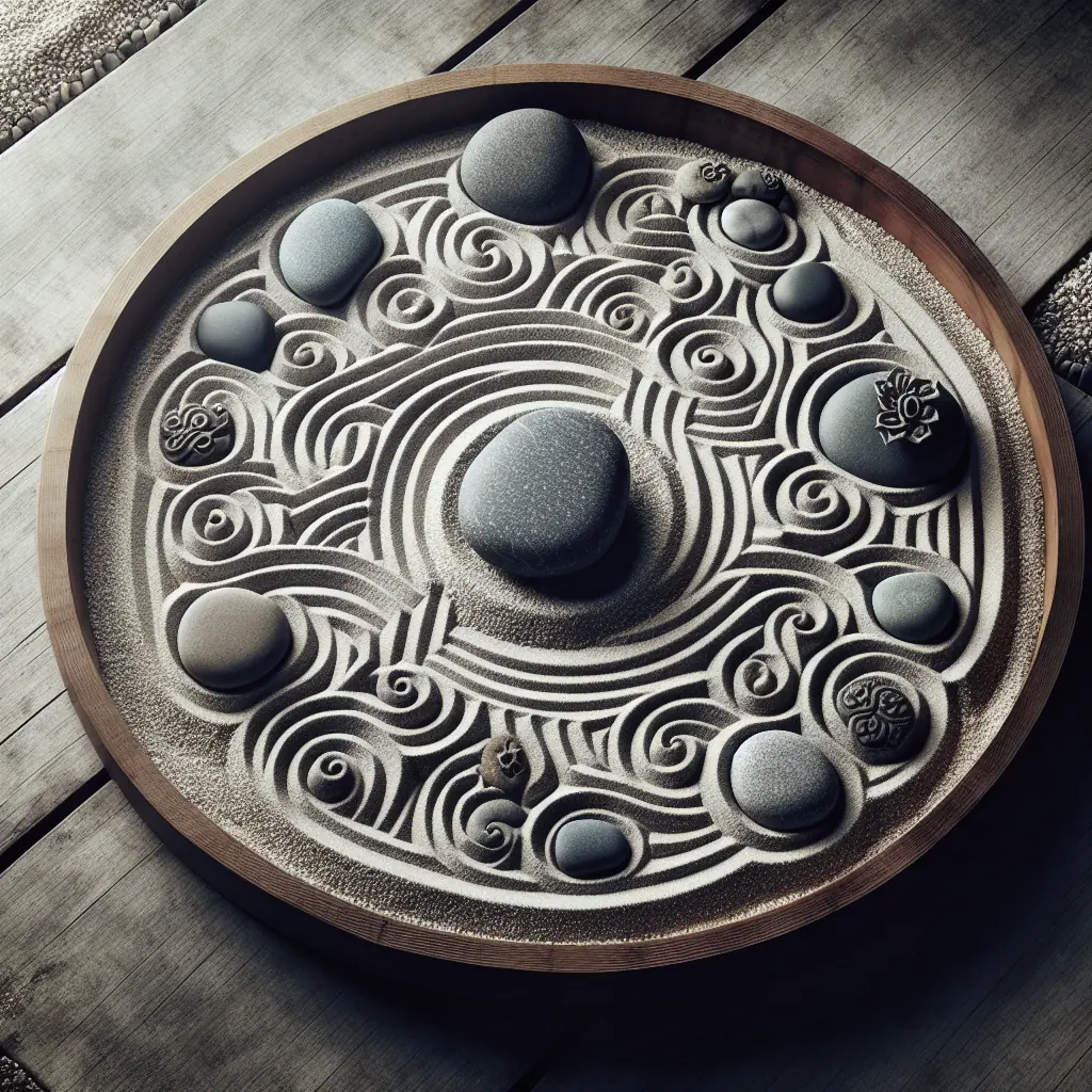 Minimalistyczny ogród zen z zagrabionymi wzorami na piasku i kamieniami