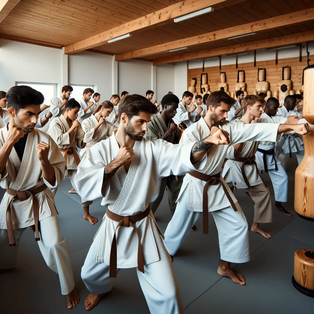 Mistrzowie różnych sztuk walki podczas pokazowego treningu w tradycyjnym dojo