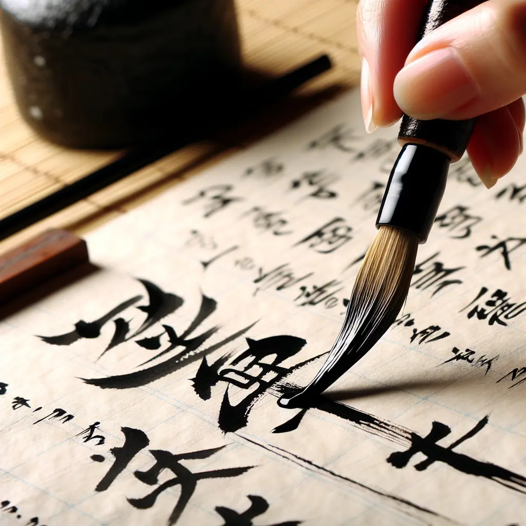 Mistrz kaligrafii tworzący znaki przy użyciu tradycyjnego pędzla