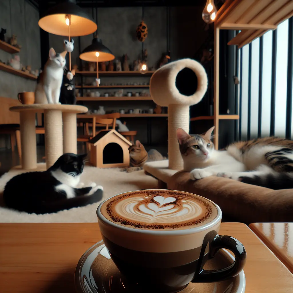Wnętrze kawiarni z kotami w Tokio - goście bawiący się ze zwierzętami