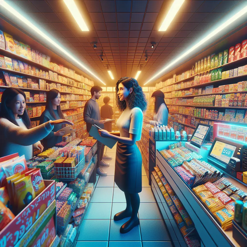 Wnętrze japońskiego konbini z charakterystycznym układem produktów i kasami samoobsługowymi