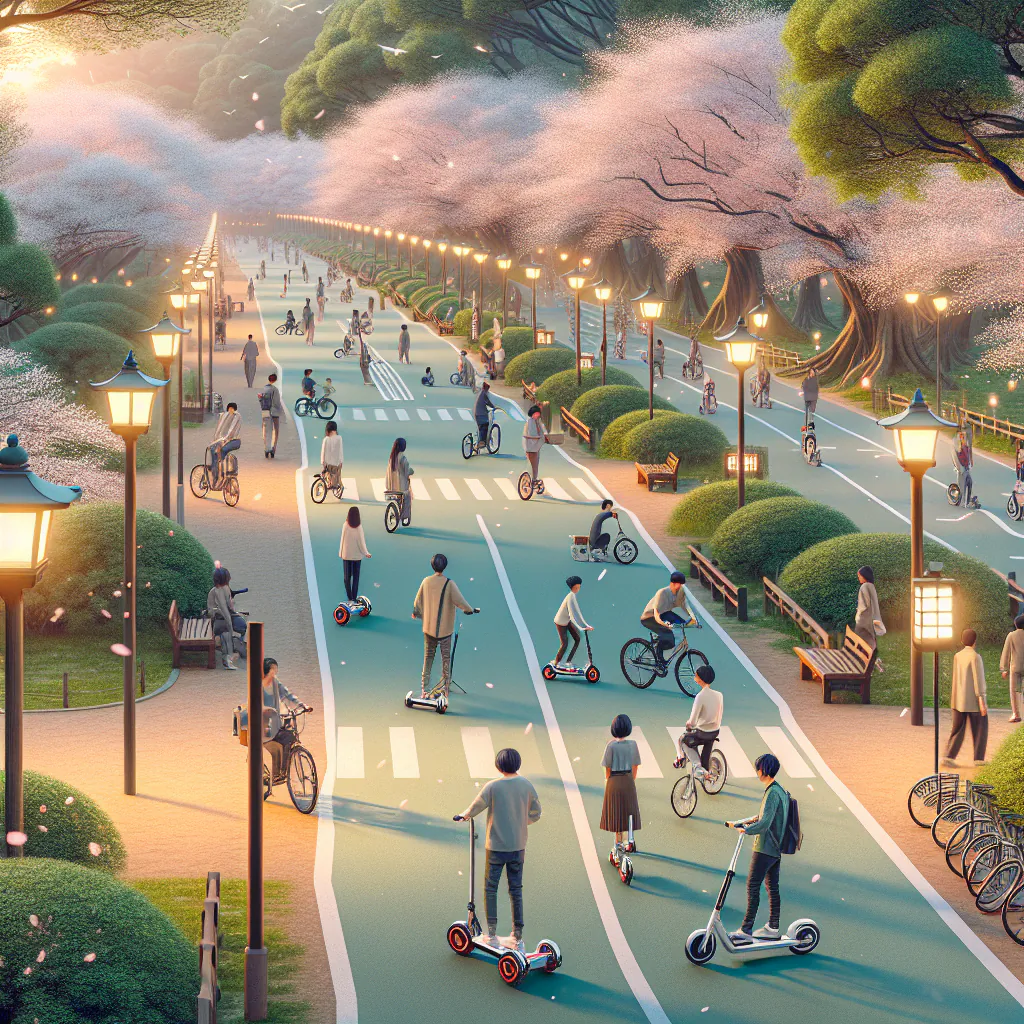 Różne pojazdy mikromobilności na ulicach Tokio - hulajnogi