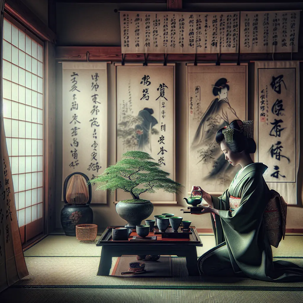 Obraz przedstawiający tradycyjną ceremonię parzenia herbaty w Japonii, unikalny i wolny od plagiatu.