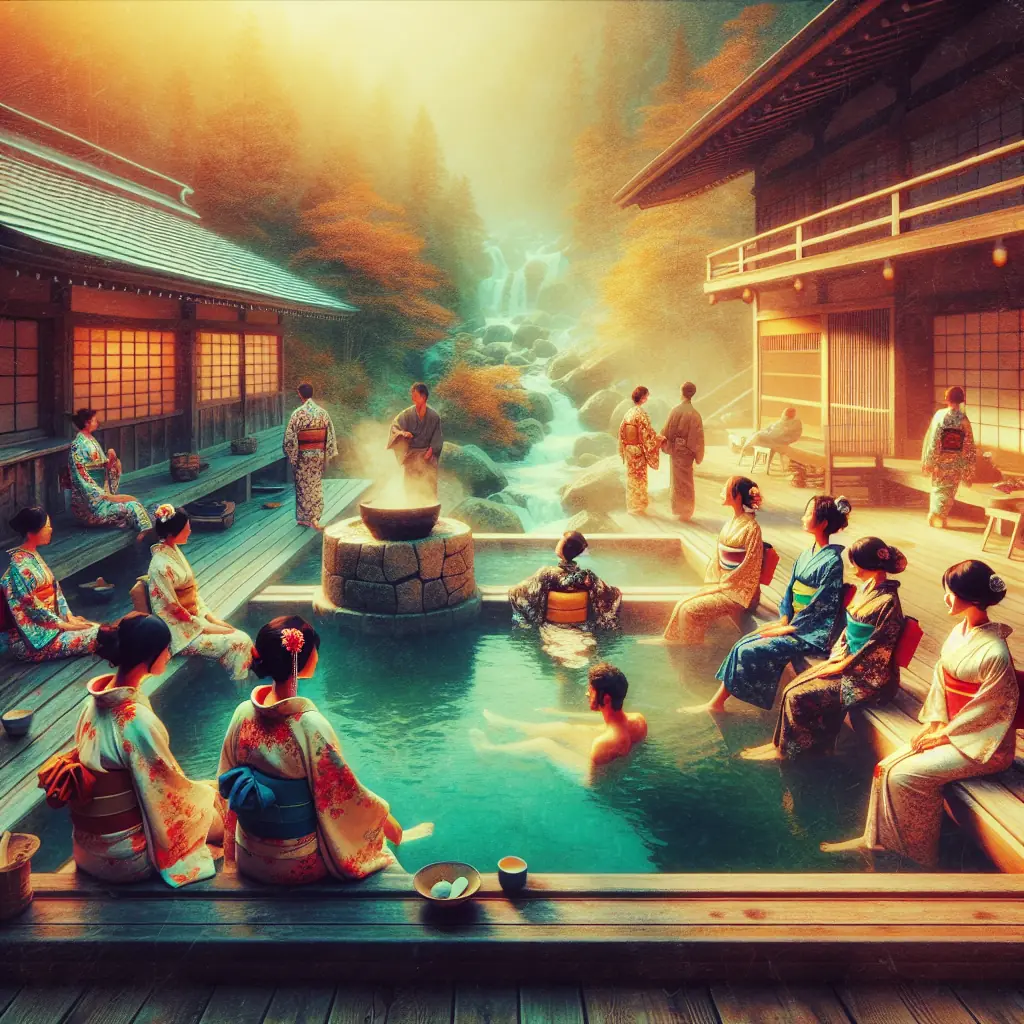 Tradycyjne japońskie gorące źródła w otoczeniu kamiennego ogrodu