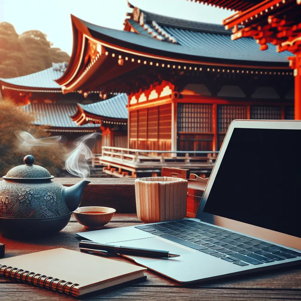 Japoński digital nomad pracujący w nowoczesnej kawiarni z laptopem