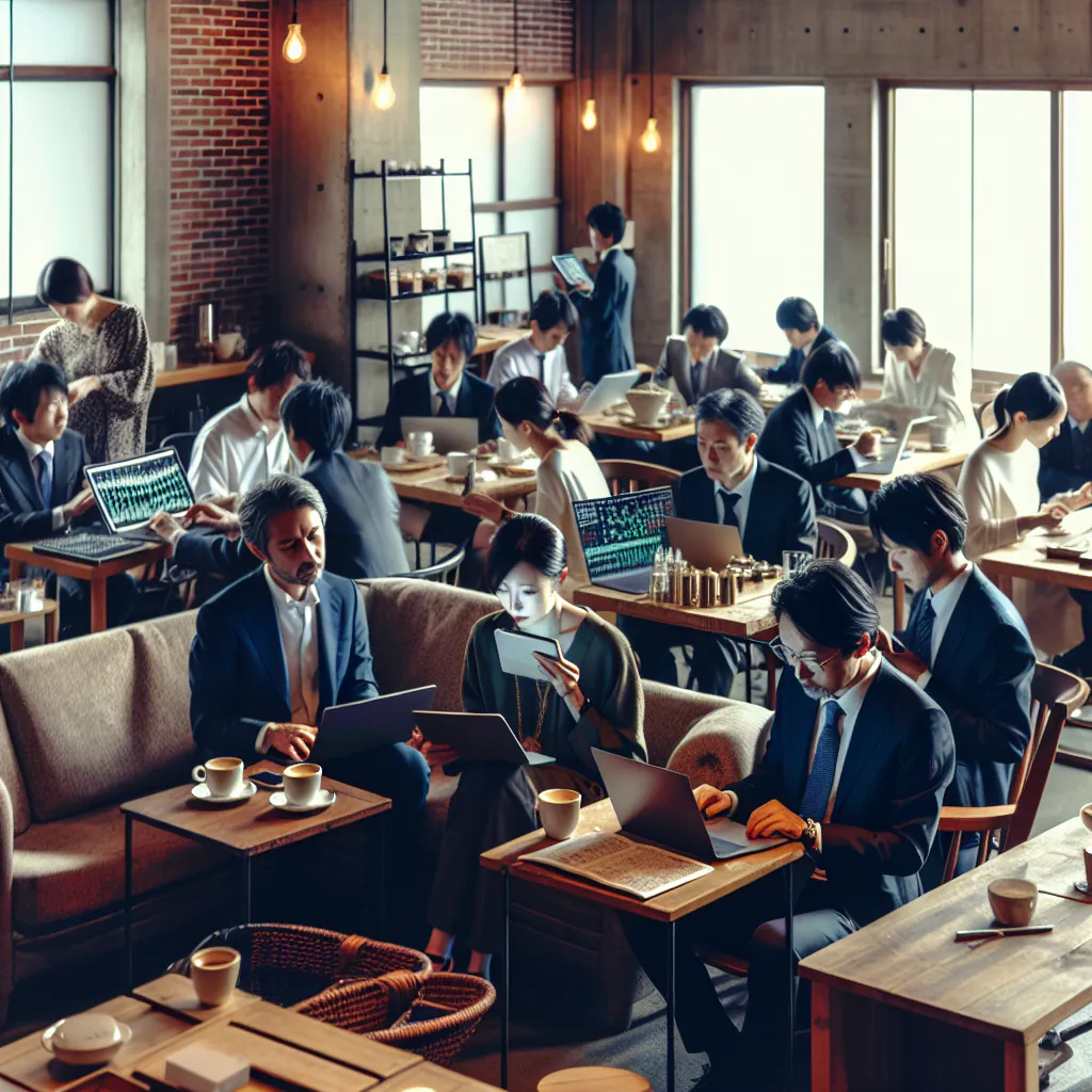 Giełda kryptowalut w Tokio z ekranami notowań i handlowcami