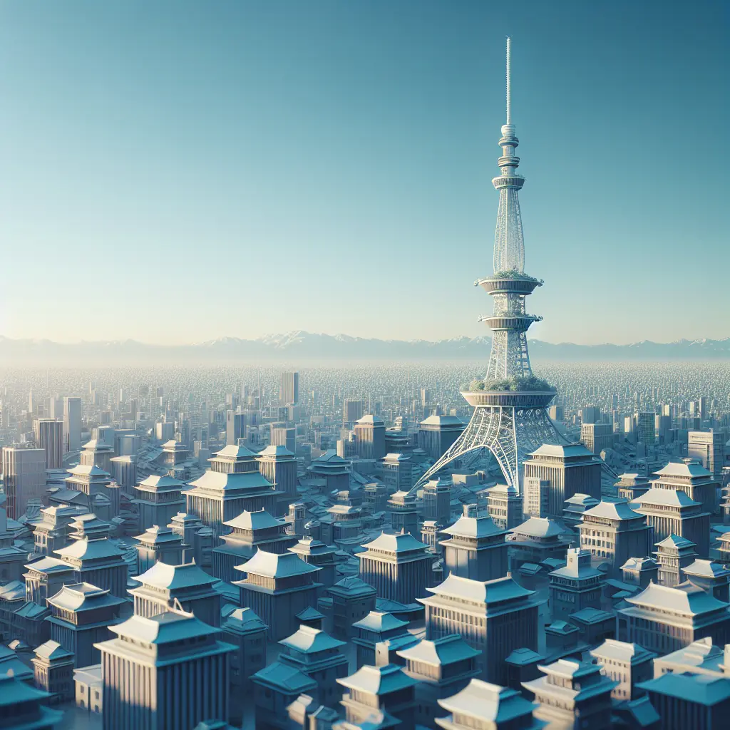 Panorama Tokio z charakterystycznymi wysokościowcami o zachodzie słońca