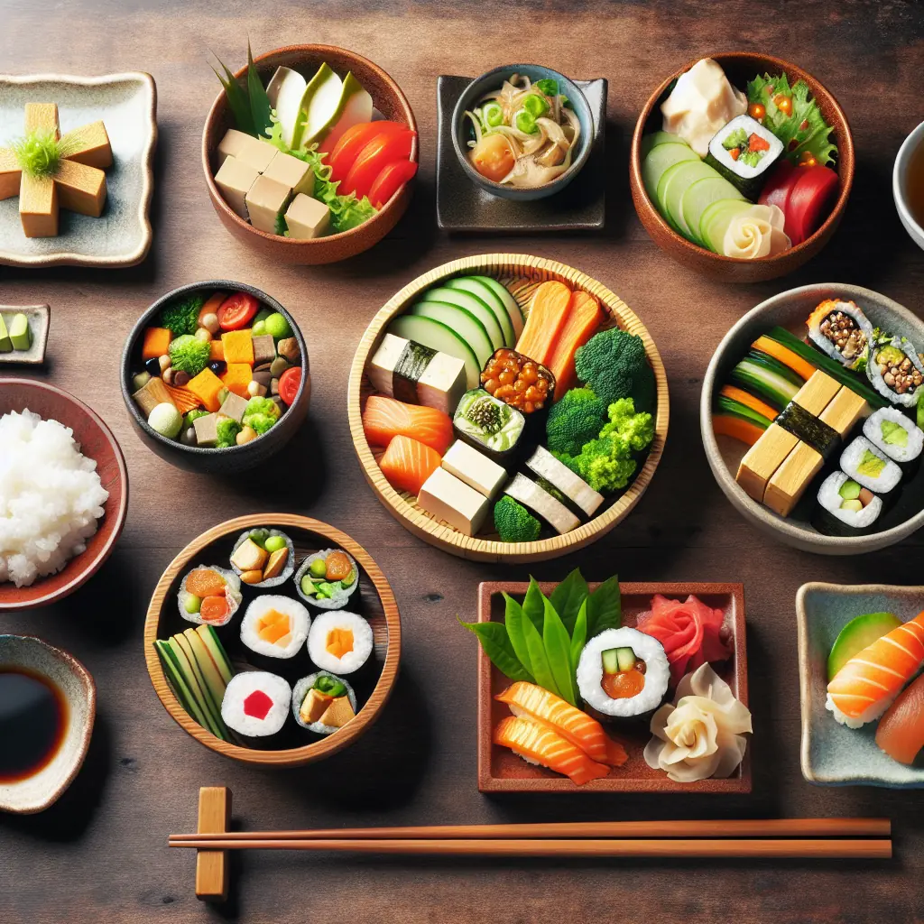 Kolorowy zestaw wegetariańskiego sushi i tempury z warzywami