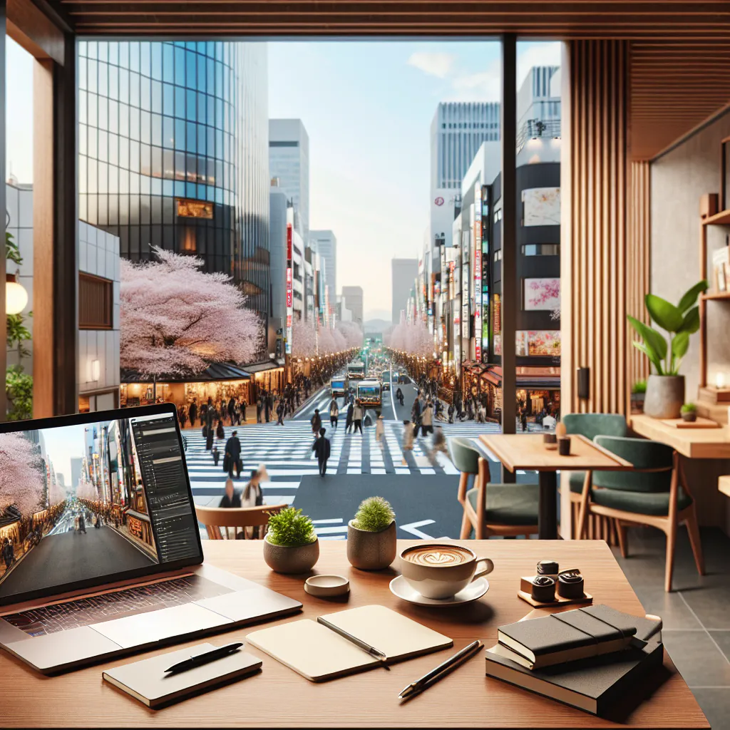 Cyfrowy nomad pracujący z kawiarni w Kioto z widokiem na świątynię